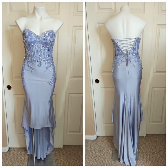 Amelia Couture periwinkle embellished strapless high low gown sz 2 - Picture 1 of 10